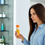 A focused woman in her mid-30s, with fine, straight hair, stands thoughtfully in a well-lit, modern bathroom. She is examining the label of a hair product bottle in her hands, her expression conveying careful consideration and a slight determination. Blurred hair care products are visible on a shelf in the background. She wears a modest, comfortable long-sleeved top, fully clothed, appropriate attire, professional dress. Perfect anatomy, correct proportions, natural pose, well-formed hands, proper finger count, natural body proportions, safe for work, appropriate content, fully clothed, modest, professional photography, high quality, realistic lighting, shallow depth of field.
