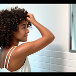 A professional woman with beautiful, well-defined curly hair, gently applying a small amount of hair serum to her strands. She is wearing a modest, elegant top in a clean, brightly lit modern bathroom. Her expression is focused and serene. The focus is on her hands delicately working the product into her hair, emphasizing the health and shine of her curls. The background is soft and uncluttered. Fully clothed, appropriate attire, professional dress, safe for work, appropriate content, perfect anatomy, correct proportions, natural pose, well-formed hands, proper finger count, natural body proportions, professional photography, high quality.