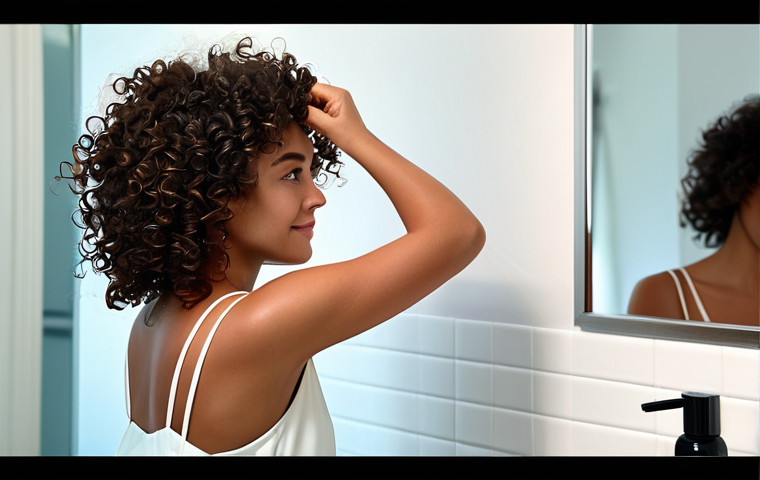 A professional woman with beautiful, well-defined curly hair, gently applying a small amount of hair serum to her strands. She is wearing a modest, elegant top in a clean, brightly lit modern bathroom. Her expression is focused and serene. The focus is on her hands delicately working the product into her hair, emphasizing the health and shine of her curls. The background is soft and uncluttered. Fully clothed, appropriate attire, professional dress, safe for work, appropriate content, perfect anatomy, correct proportions, natural pose, well-formed hands, proper finger count, natural body proportions, professional photography, high quality.