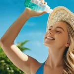 여름철 헤어 자외선 차단제 - **Prompt:** A young woman with glossy, well-maintained blonde hair, styled in loose, elegant waves, ...