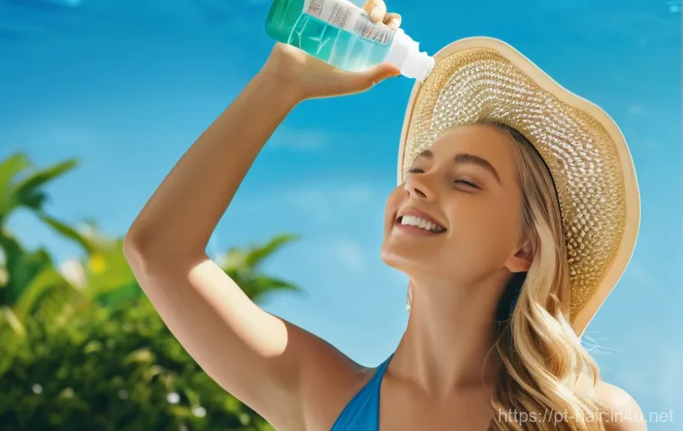 여름철 헤어 자외선 차단제 - **Prompt:** A young woman with glossy, well-maintained blonde hair, styled in loose, elegant waves, ...