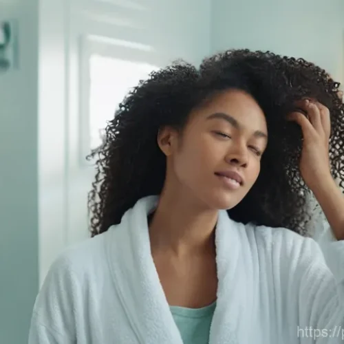 Home 16 헤어팩과 헤어트리트먼트 차이 - **Prompt:** A young adult woman, dressed in a comfortable, soft fabric bathrobe, stands in a brightl...