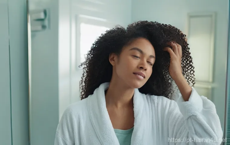 헤어팩과 헤어트리트먼트 차이 - **Prompt:** A young adult woman, dressed in a comfortable, soft fabric bathrobe, stands in a brightl...