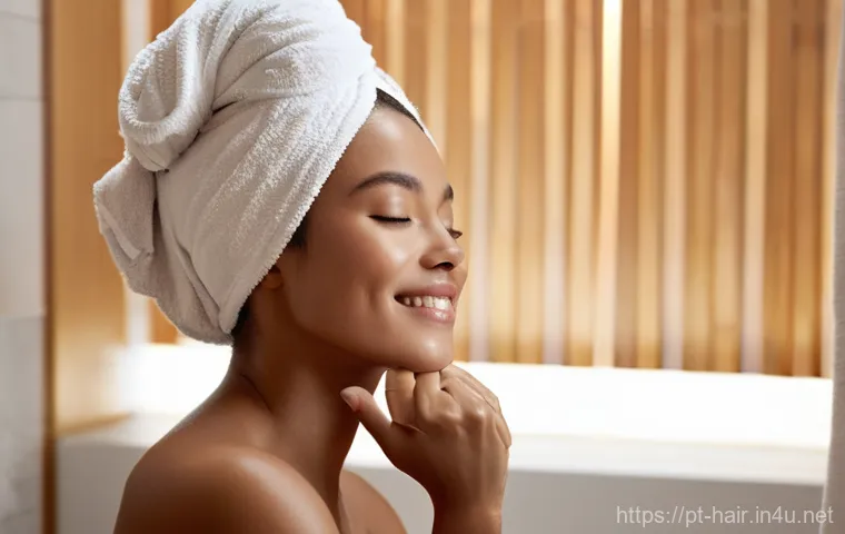 헤어팩과 헤어트리트먼트 차이 - **Prompt:** A young adult woman, dressed in a comfortable, soft fabric bathrobe, stands in a brightl...