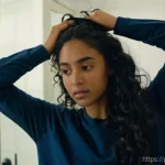 실리콘 프리 헤어세럼 추천 - **Prompt:** "A young woman, in her late 20s, stands in a brightly lit bathroom, looking disheartened...