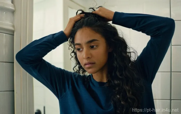 실리콘 프리 헤어세럼 추천 - **Prompt:** "A young woman, in her late 20s, stands in a brightly lit bathroom, looking disheartened...