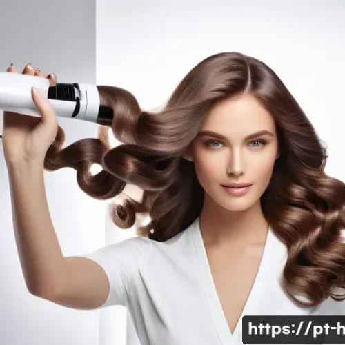 컬링 아이론 추천 제품 비교 - A sleek ceramic curling iron with a smooth, glossy white barrel emitting a gentle warm glow, surroun...