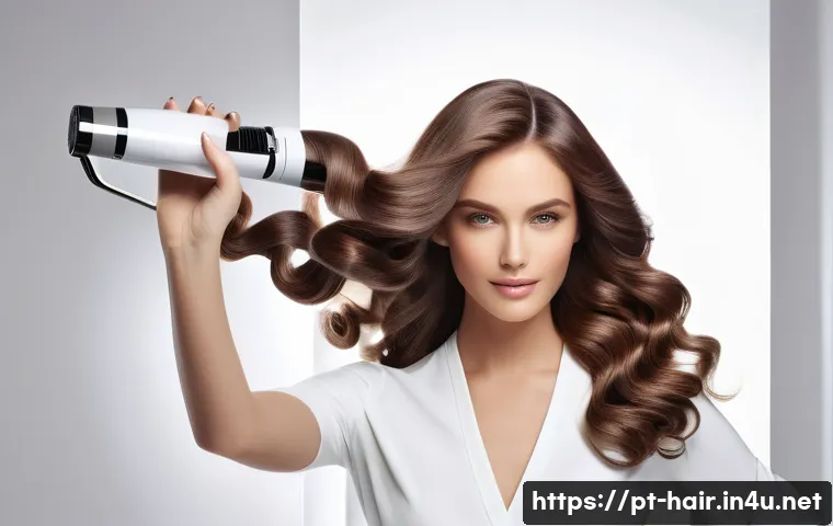 컬링 아이론 추천 제품 비교 - A sleek ceramic curling iron with a smooth, glossy white barrel emitting a gentle warm glow, surroun...