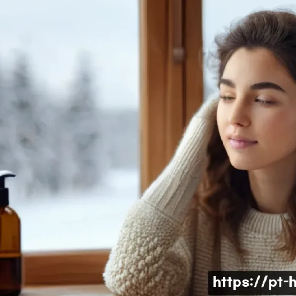 겨울철 정전기 방지 헤어케어 - A young woman indoors during winter, wearing a cozy sweater made of natural fibers, gently applying ...
