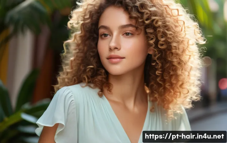 볼륨펌 관리 전용 샴푸 추천 - A vibrant portrait of a young woman with naturally voluminous curly hair, showcasing well-defined, s...
