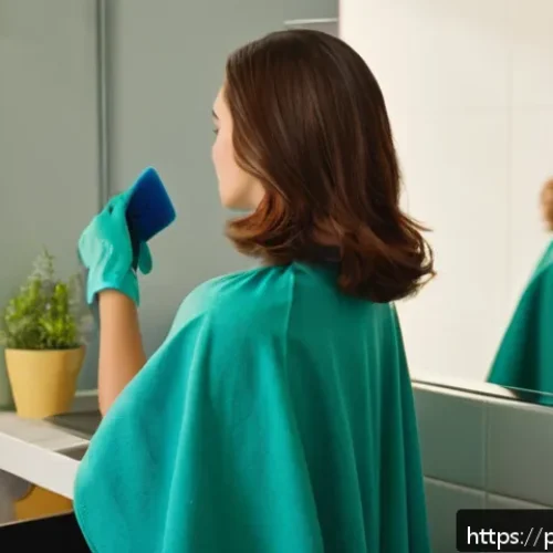 Home 31 염색약과 블리치 사용법 - A bright, well-lit home bathroom scene showing a young adult woman with shoulder-length, fine brown ...