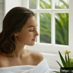 Home 18 글루텐 프리 샴푸 추천 - A serene bathroom scene featuring a woman with shoulder-length brown hair gently washing her scalp w...