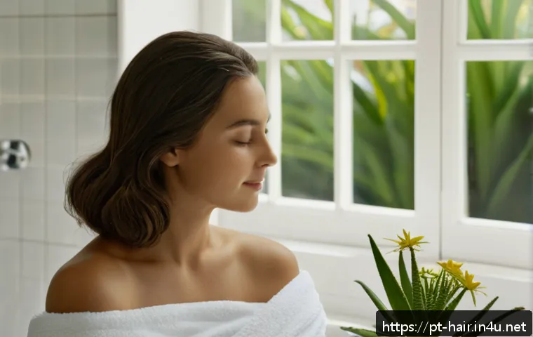 글루텐 프리 샴푸 추천 - A serene bathroom scene featuring a woman with shoulder-length brown hair gently washing her scalp w...