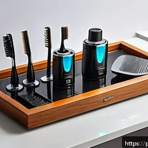 Home 17 멀티 스타일링 가능 고데기 추천 - A sleek, modern multifunctional hair styling tool set displayed on a polished wooden vanity table wi...