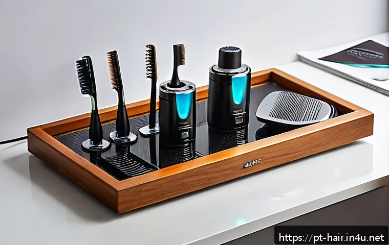 멀티 스타일링 가능 고데기 추천 - A sleek, modern multifunctional hair styling tool set displayed on a polished wooden vanity table wi...