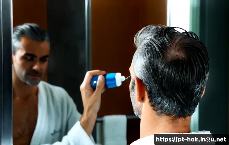 Home 17 모발 성장 촉진제 사용법 - Photorealistic close-up of a middle-aged Portuguese man in a bright Lisbon bathroom, carefully apply...